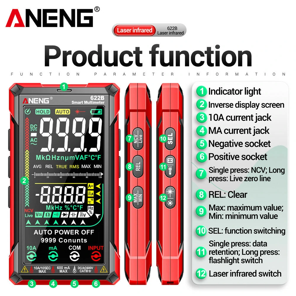 ANENG 622B Digital Smart Multimeter 10A Tester Meter Auto Range True RMS DC/AC 9999 Multitester With Laser Lamp Capacitance Ohm — view 9