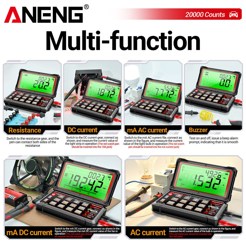 ANENG 623 Auto Repair Multimeter 20000 Counts AC/DC Voltage Current Resistance Capacitance Frequency Temperature NCV True RMS LCD Backlit Display — view 7