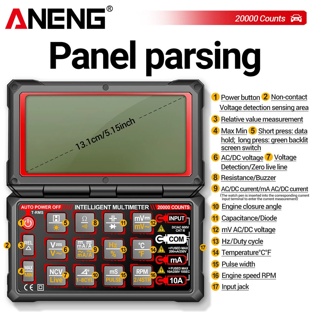 ANENG 623 Auto Repair Multimeter 20000 Counts AC/DC Voltage Current Resistance Capacitance Frequency Temperature NCV True RMS LCD Backlit Display — view 8