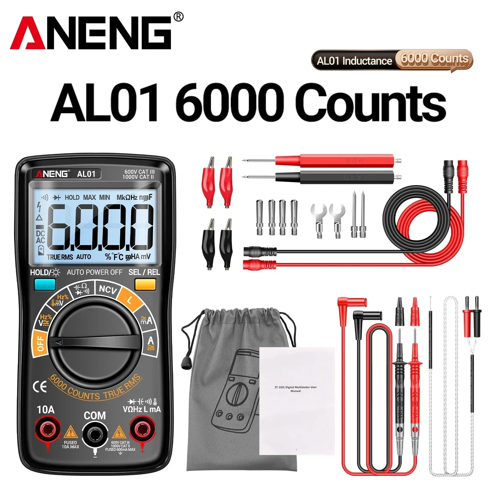ANENG AL01 Portable Digital Multimeter High Precision Voltage Current Resistance Capacitance Frequency Temperature Tester Inductance NCV Detection True RMS Backlight Display Auto-Off — view 2