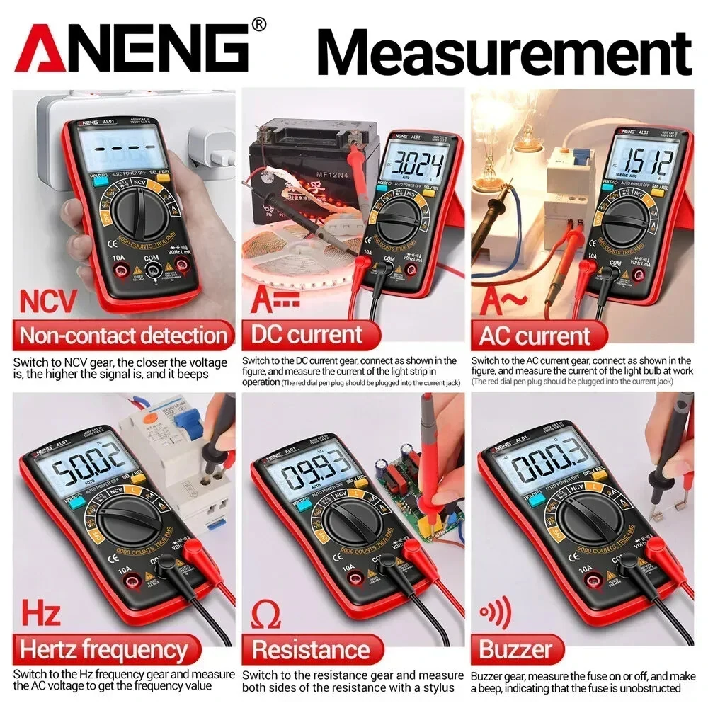 ANENG AL01 Portable Digital Multimeter High Precision Voltage Current Resistance Capacitance Frequency Temperature Tester Inductance NCV Detection True RMS Backlight Display Auto-Off — view 5