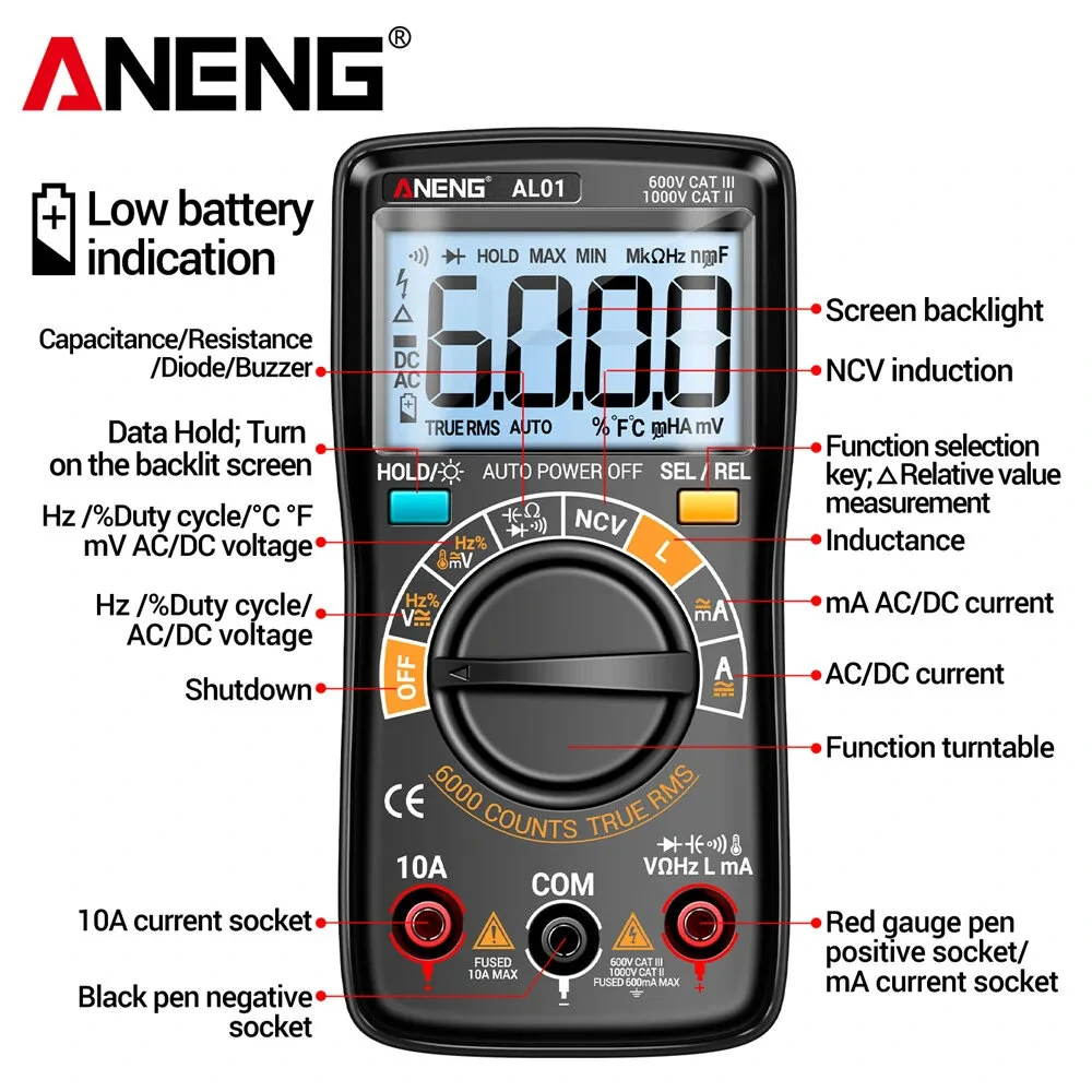 ANENG AL01 Portable Digital Multimeter High Precision Voltage Current Resistance Capacitance Frequency Temperature Tester Inductance NCV Detection True RMS Backlight Display Auto-Off — view 6