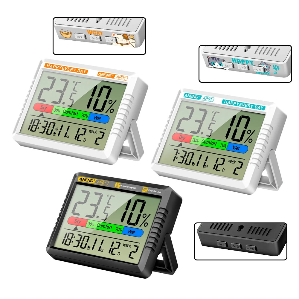 ANENG AP01 Thermohygrometer Clock LCD Display Temperature Range -10~50°C Humidity Range 10~99% Calendar Snooze Mode Hourly Reminder Battery Operated for Home Office — view 2