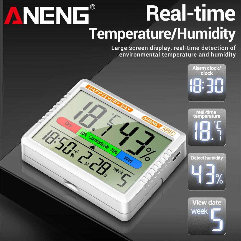 ANENG AP01 Thermohygrometer Clock with Backlit LCD Display Real-Time Temperature and Humidity Monitor Built-in Alarm and Calendar Type-C Charging — view 4