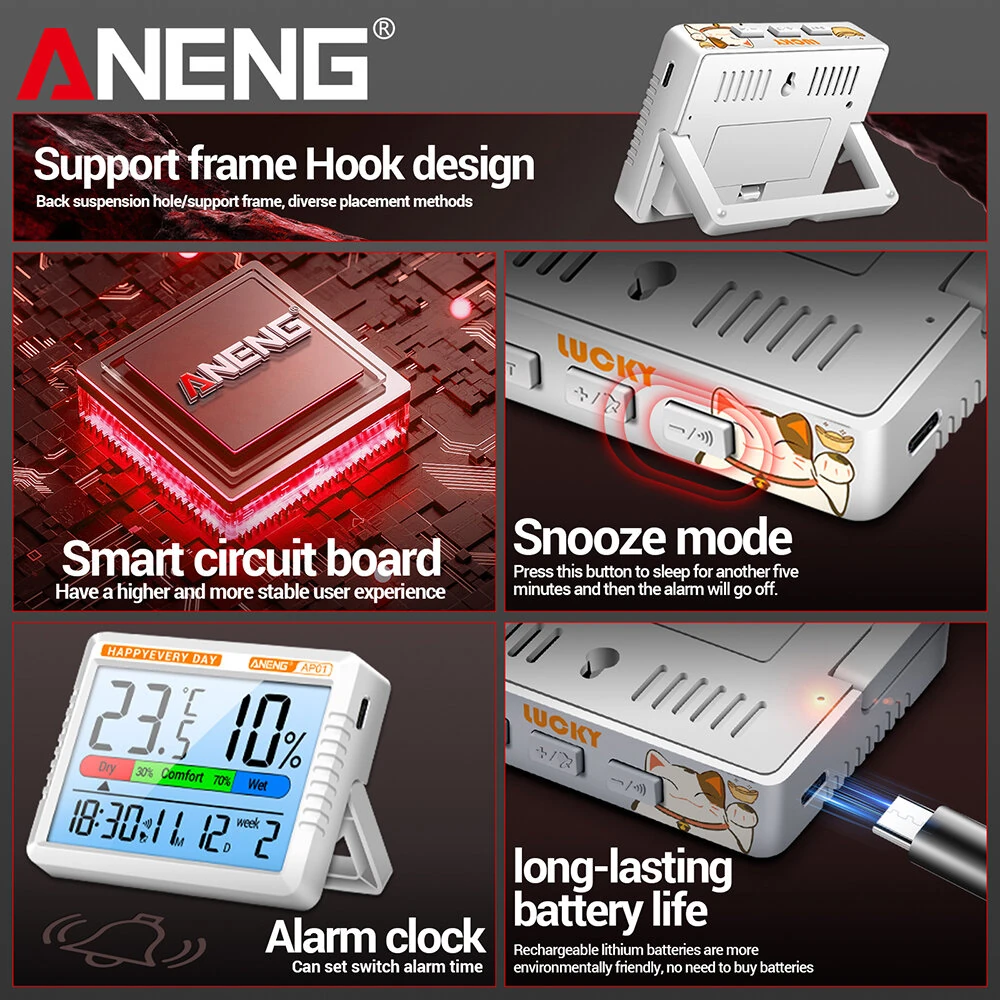 ANENG AP01 Thermohygrometer Clock with Backlit LCD Display Real-Time Temperature and Humidity Monitor Built-in Alarm and Calendar Type-C Charging — view 5