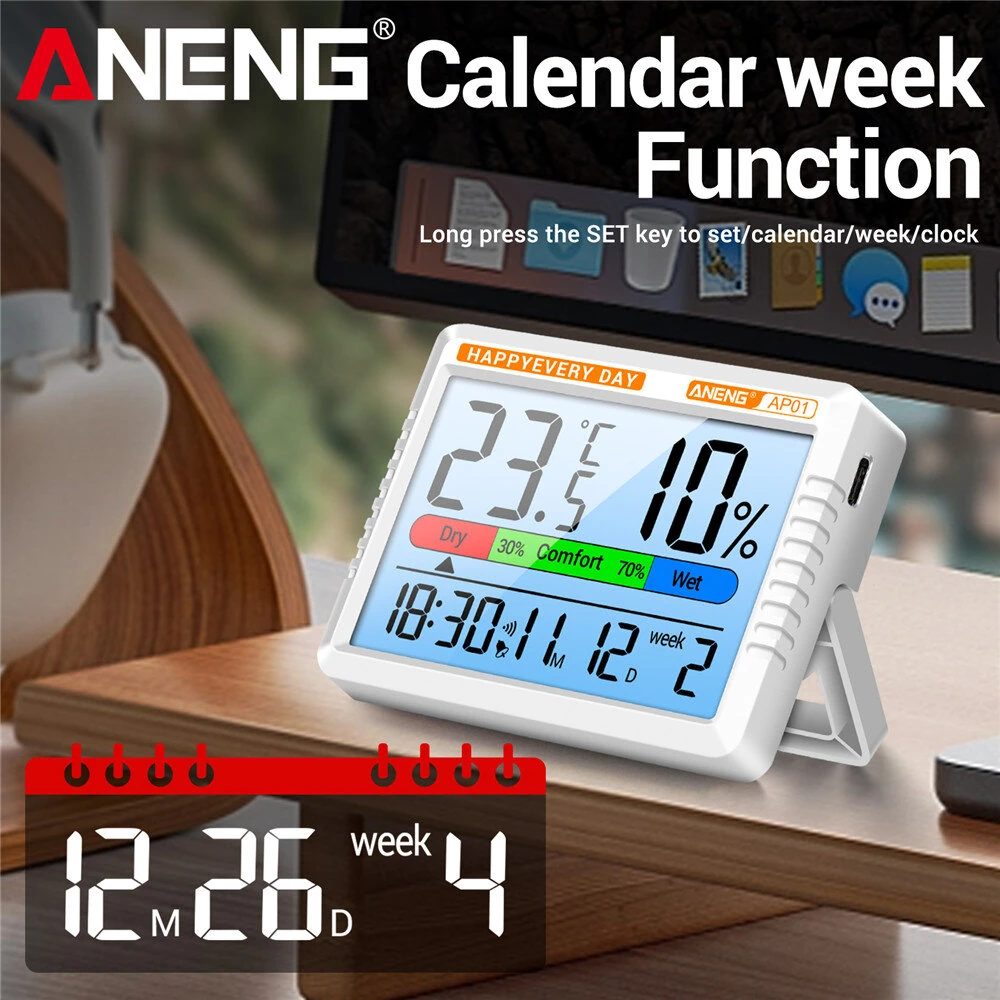 ANENG AP01 Thermohygrometer Clock with Backlit LCD Display Real-Time Temperature and Humidity Monitor Built-in Alarm and Calendar Type-C Charging — view 7