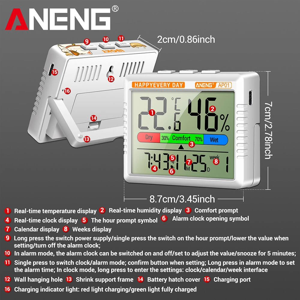 ANENG AP01 Thermohygrometer Clock with Backlit LCD Display Real-Time Temperature and Humidity Monitor Built-in Alarm and Calendar Type-C Charging — view 9