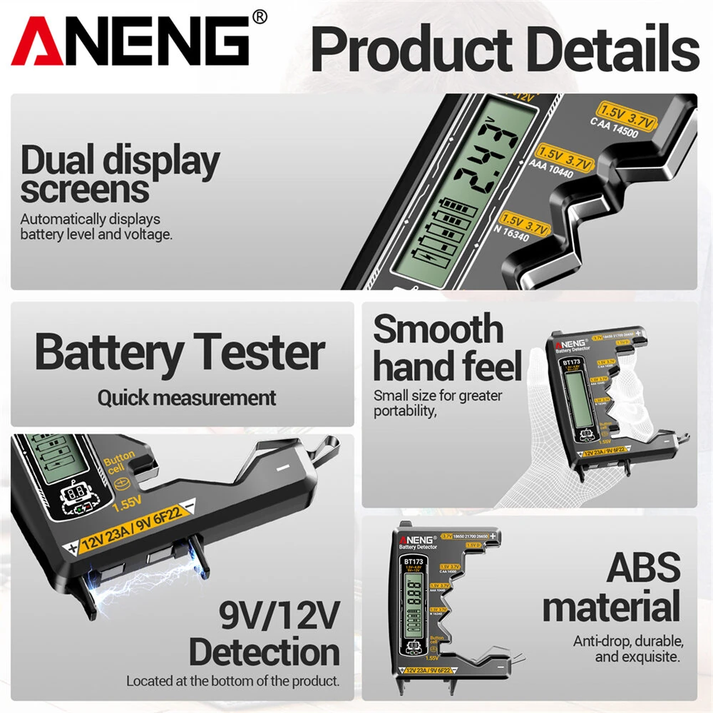 ANENG BT173 Battery Tester Digital Display Multi-Type Compatibility No Power Required Lightweight ABS Material Universal Voltage Reader — view 6