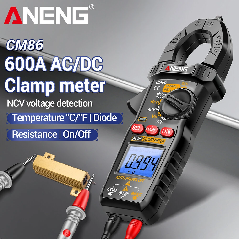 ANENG CM86 Clamp Meter 600A AC DC Current Voltage Resistance Capacitance Temperature Digital Multimeter NCV Function Backlit LCD Auto Power Off Handheld Tester — view 3