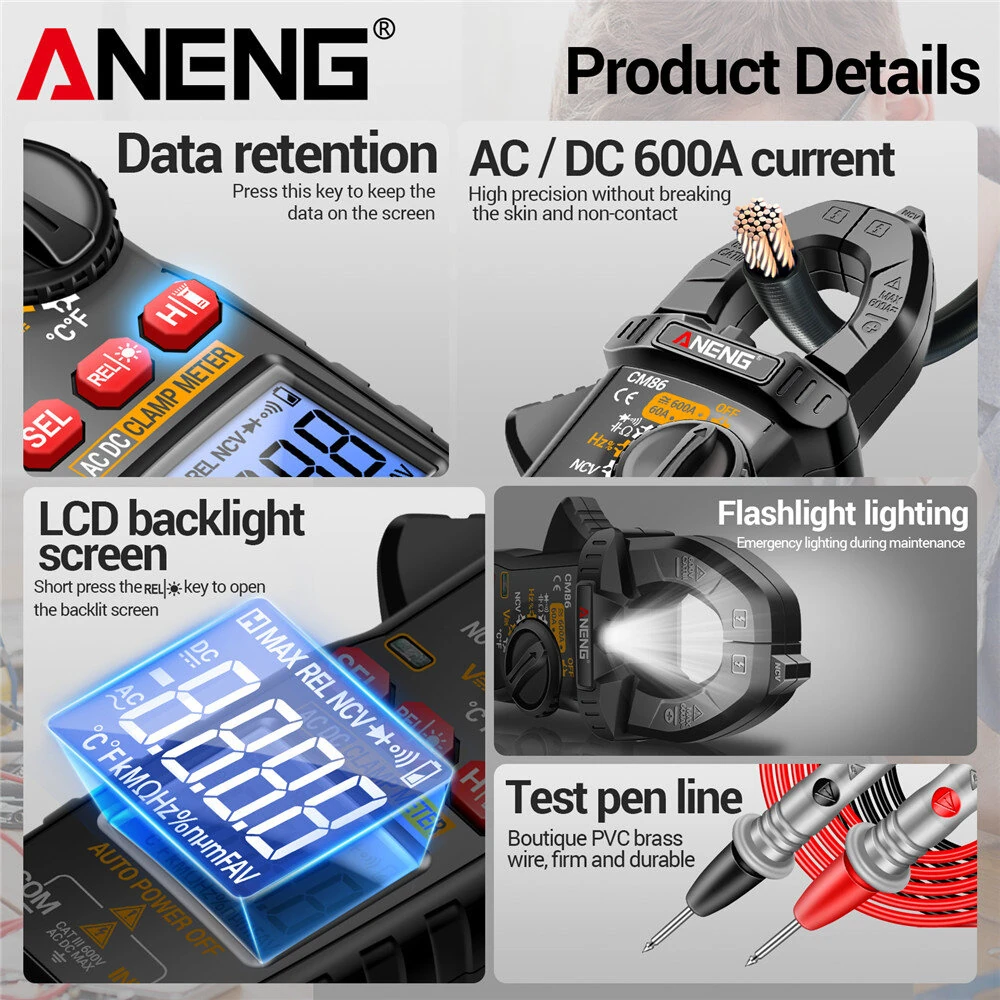 ANENG CM86 Clamp Meter 600A AC DC Current Voltage Resistance Capacitance Temperature Digital Multimeter NCV Function Backlit LCD Auto Power Off Handheld Tester — view 6