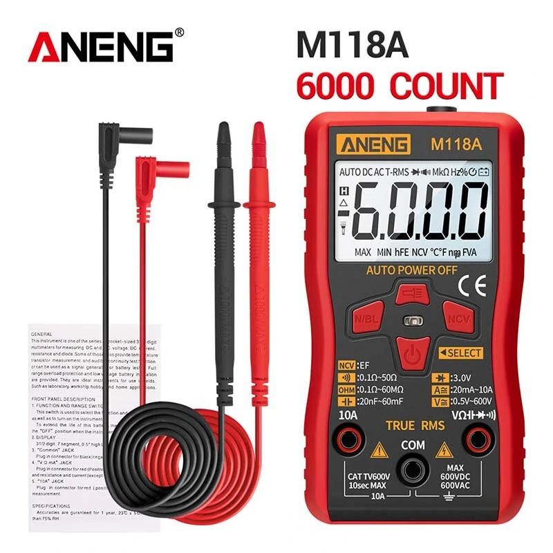 ANENG M118A Digital 6000 Counts Auto Range True Rms Mini Multimeter Transistor Meter with NCV Data Hold Flashlight — ANENG