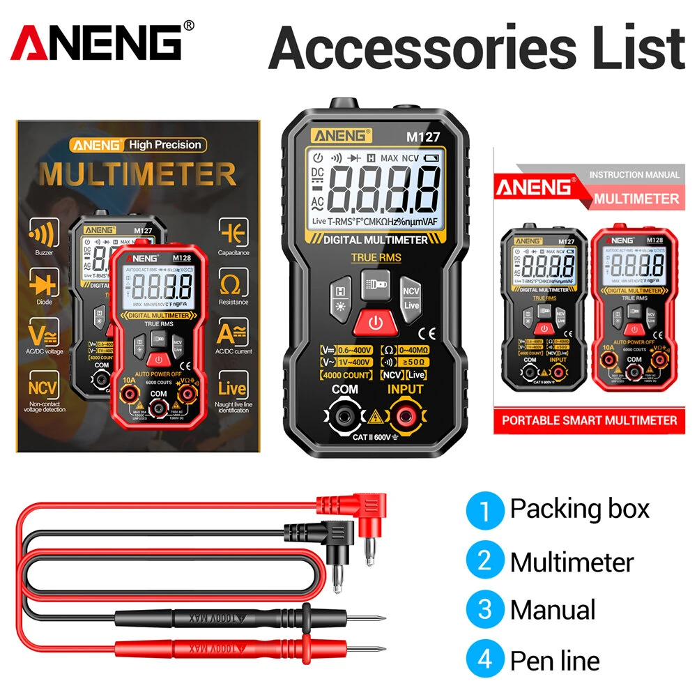 ANENG M127 Digital Multimeter True RMS 4000 Counts Automatic Identification High-Definition Backlight LCD Compact Portable Multimeter AC DC Voltage Resistance Measurement — view 9