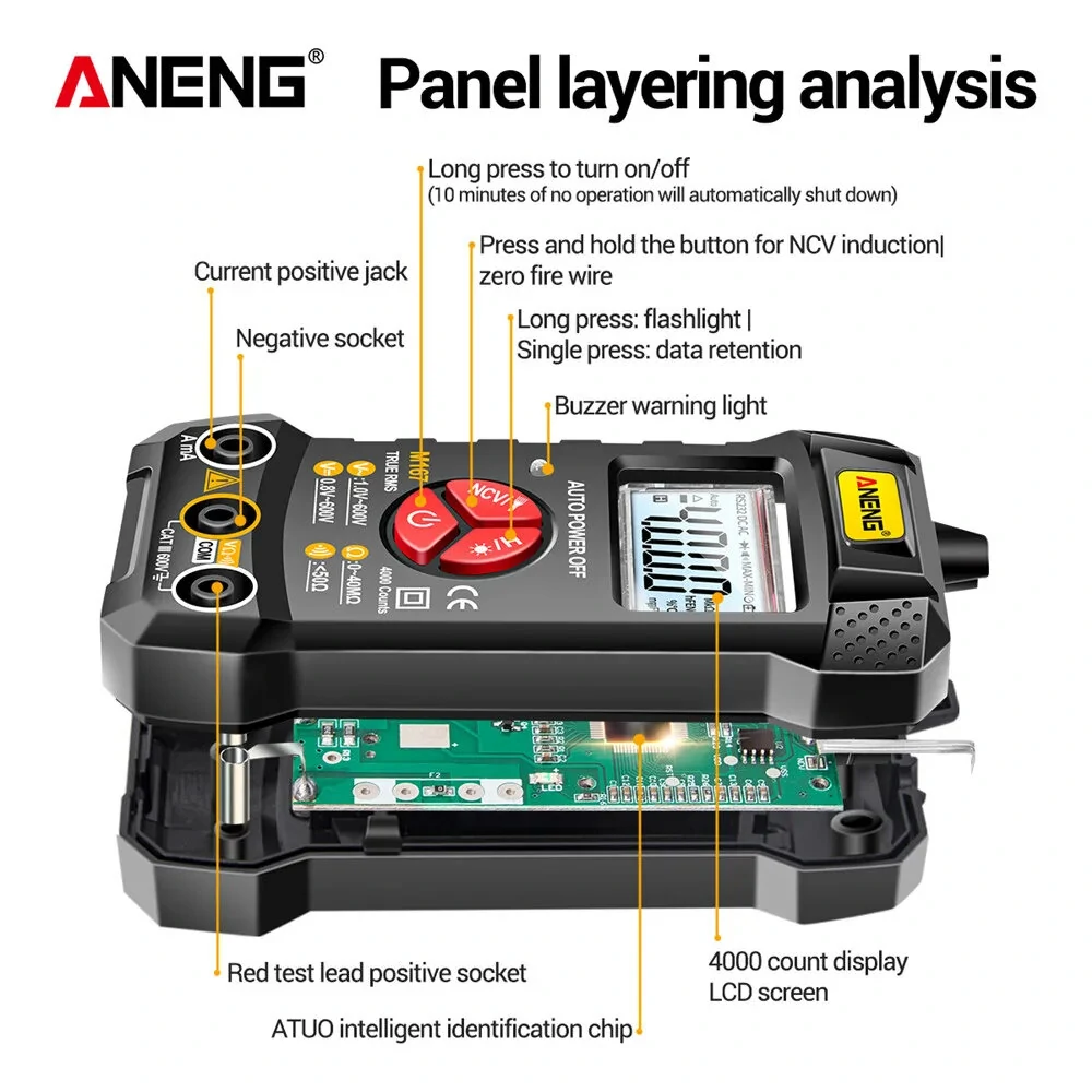 Aneng M167 Digital Multimeter 4000 Counts True RMS Auto Range AC/DC Voltage Current Tester NCV Backlight Data Hold Flashlight — view 6