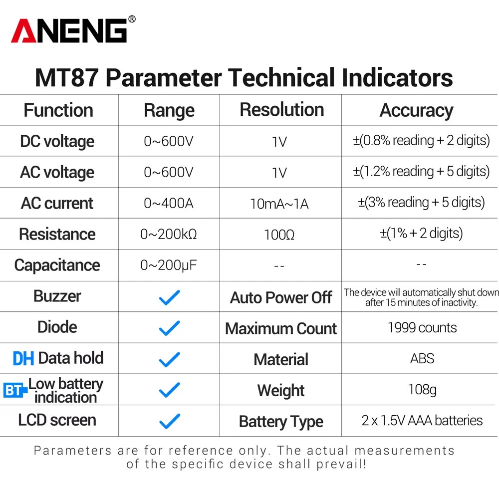 ANENG MT87 Digital Clamp Multimeter 400A AC Current Ammeter AC/DC Voltmeter Resistance Capacitance Tester — view 7