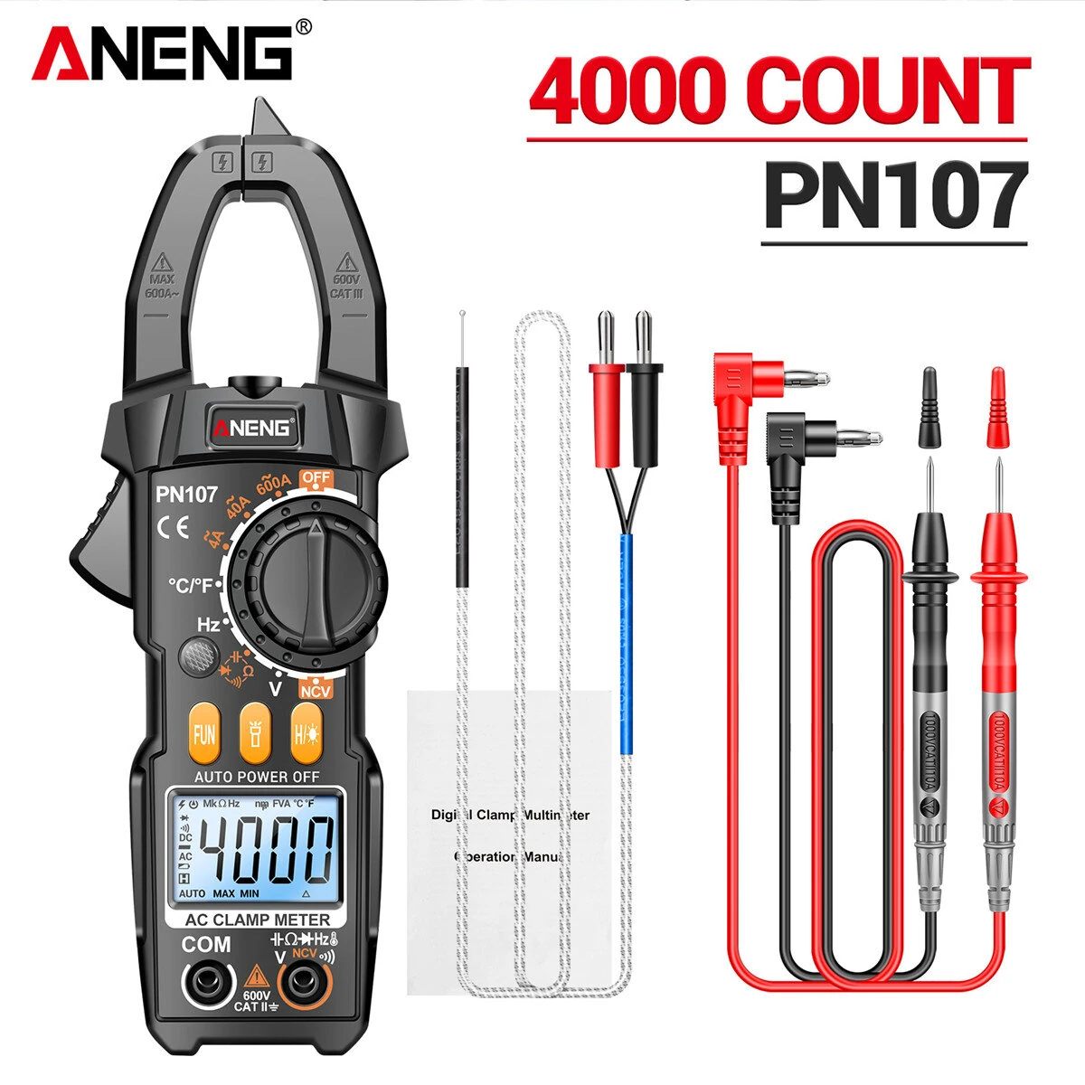 ANENG PN107 Multifunctional Clamp Meter with AC/DC Voltage AC Current Resistance Capacitor Hz Frequency Temperature Measurement Features Precision Readings Backlit Screen Flashlight — ANENG