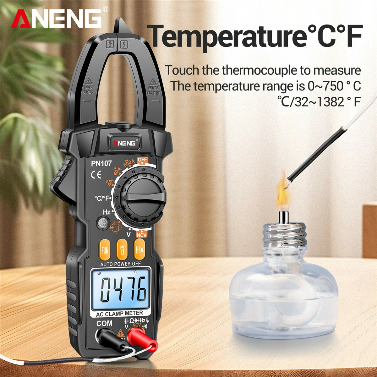 ANENG PN107 Multifunctional Clamp Meter with AC/DC Voltage AC Current Resistance Capacitor Hz Frequency Temperature Measurement Features Precision Readings Backlit Screen Flashlight — view 4
