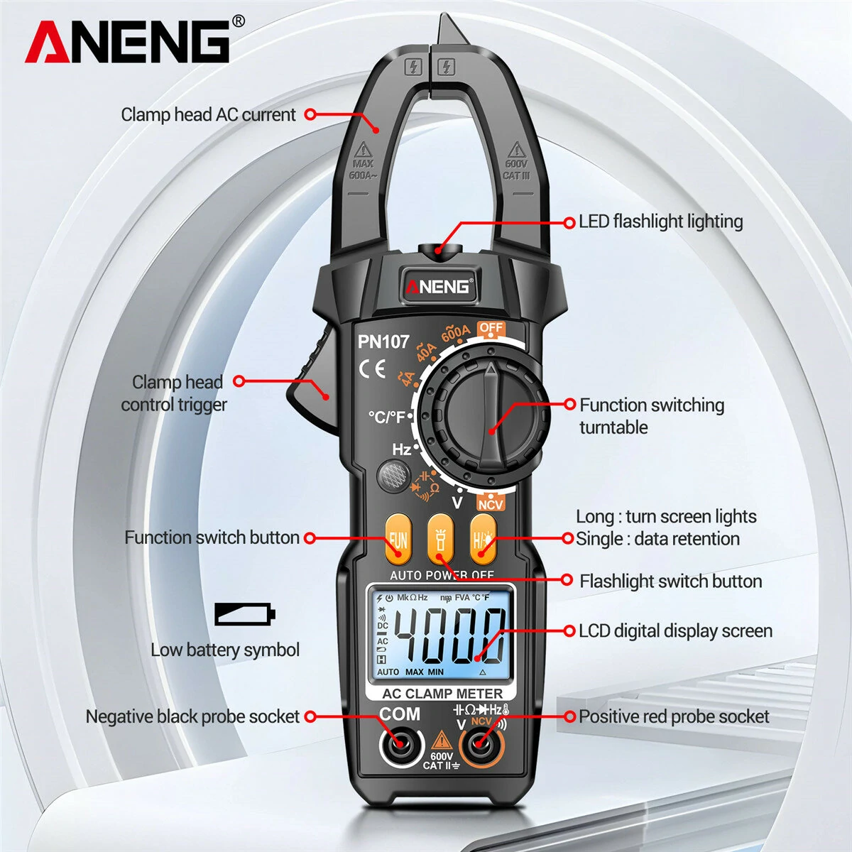 ANENG PN107 Multifunctional Clamp Meter with AC/DC Voltage AC Current Resistance Capacitor Hz Frequency Temperature Measurement Features Precision Readings Backlit Screen Flashlight — view 7