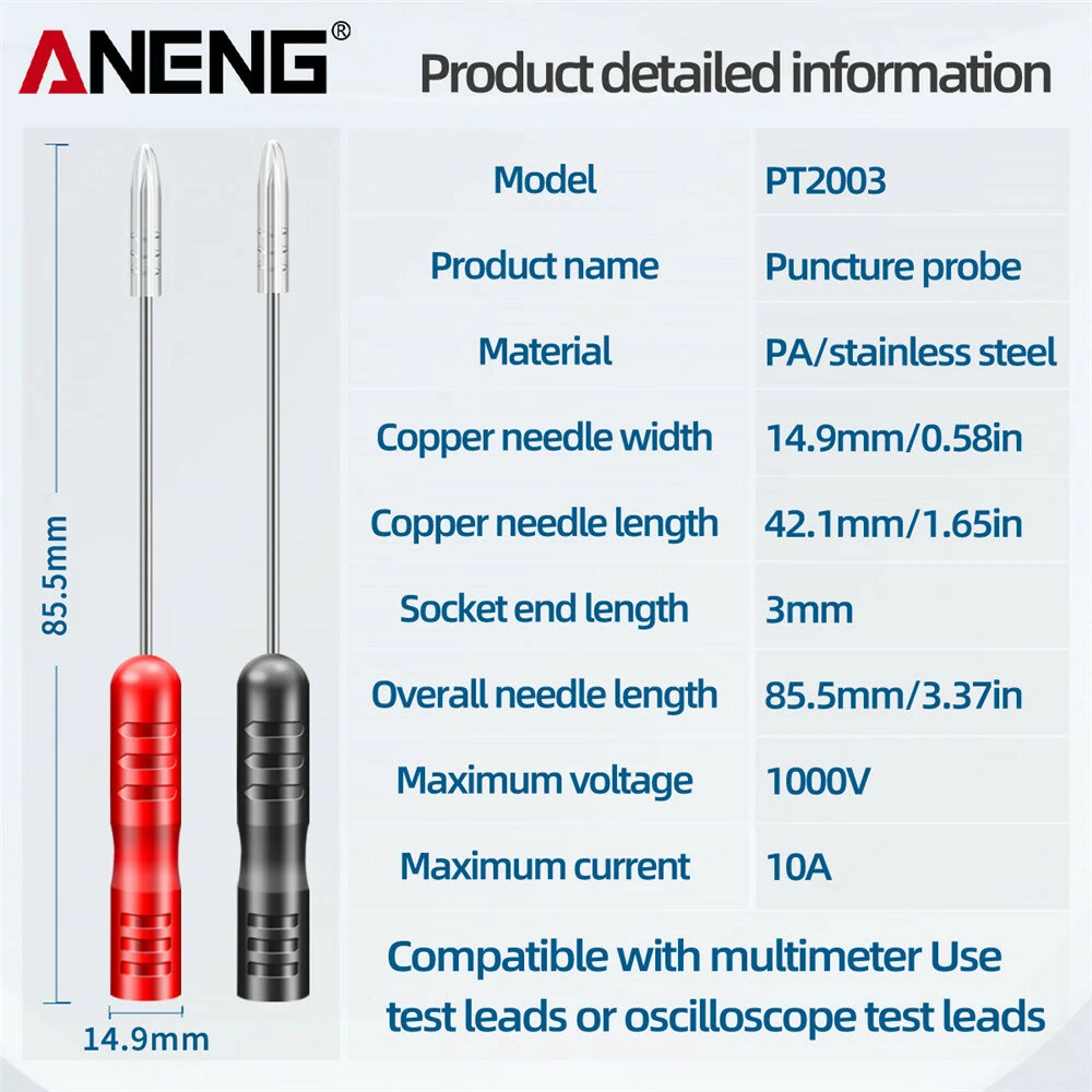 ANENG PT2003 2pcs Multimeter Test Lead Extention Piercing Needle Tip Probe 1000V 10A Red/Black Insulation Piercing Pins Tools — view 6