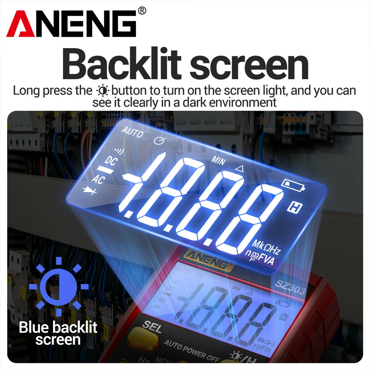 ANENG SZ303 Multifunctional Measure Meter with Accurate AC/DC Voltage Current Resistance Hz Reading Convenient Auto Power Off Compact Portable Backlit Display Top Electrical Testing Tool — view 5