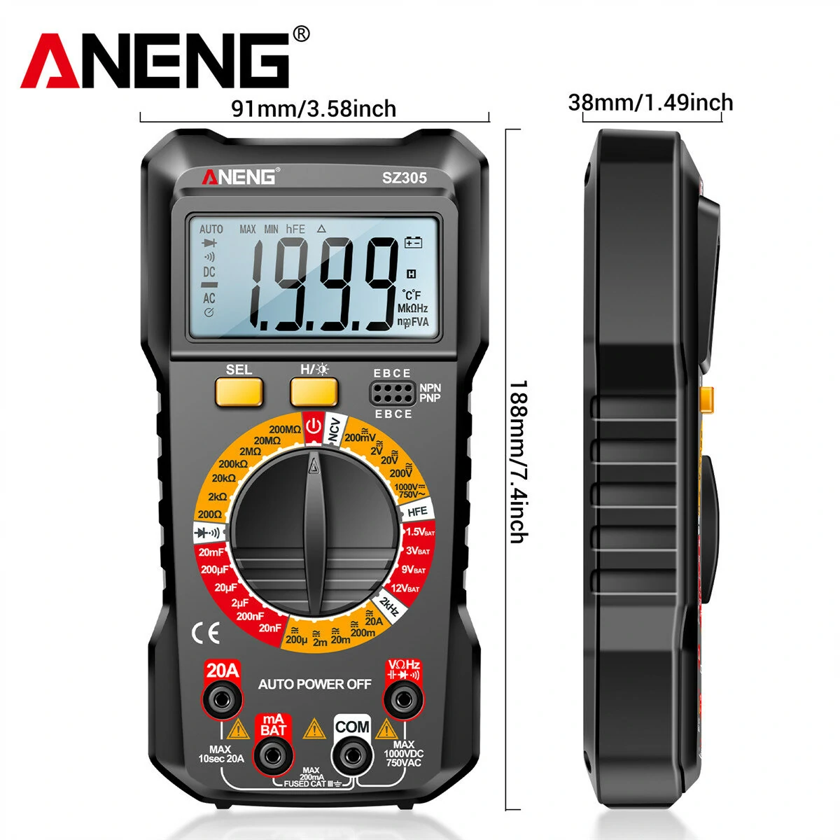 ANENG SZ305 1999 Counts Multimeter Capacitor Testers Professional Smart Voltmeter AC/DC Votage Current Resistance Ohm Test Tools — view 10