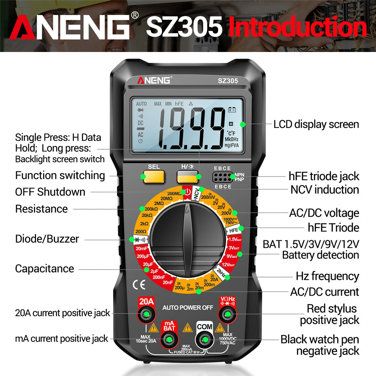 ANENG SZ305 1999 Counts Multimeter Capacitor Testers Professional Smart Voltmeter AC/DC Votage Current Resistance Ohm Test Tools — view 9