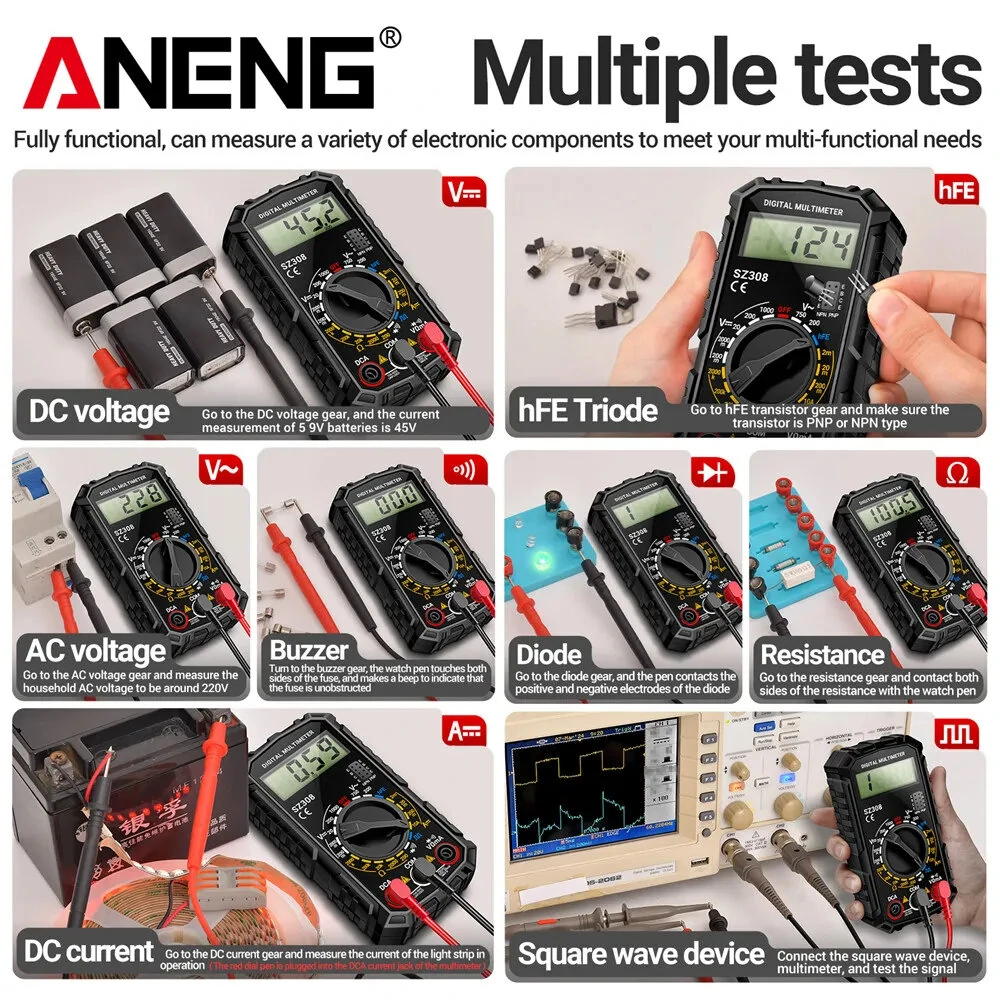 ANENG SZ308 Digital Multimeter Handheld AC/DC Voltage Current Resistance Ammeter with Diode Wave Output HFE Transistor Measurement and Low Battery Indication — view 4