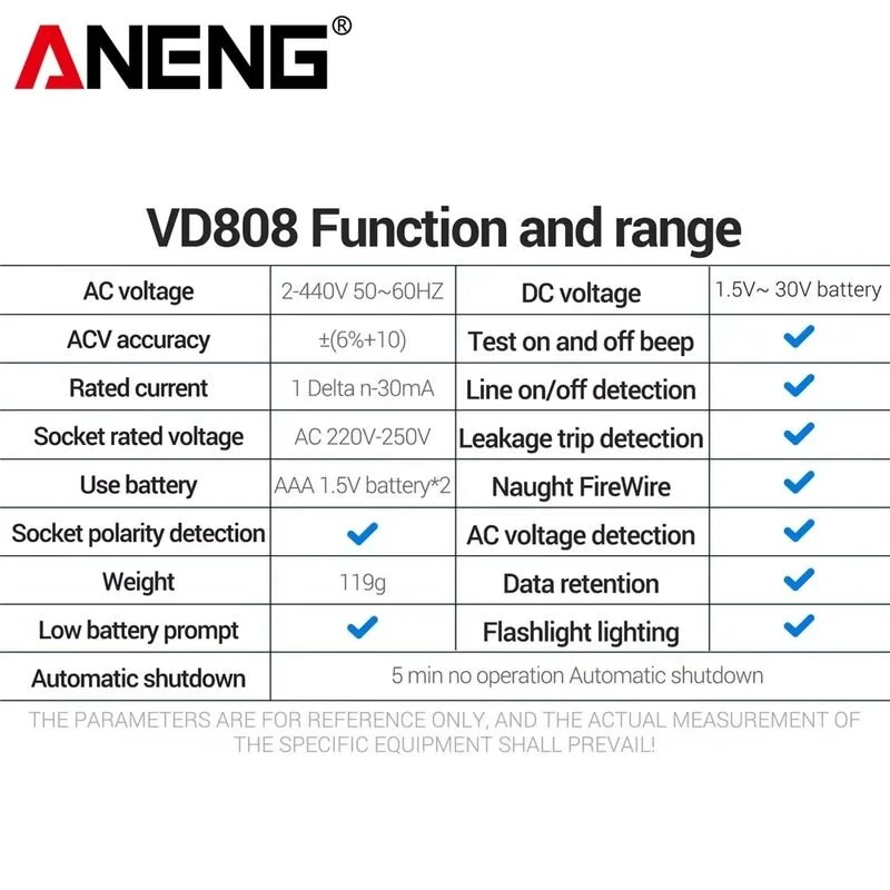 ANENG VD808 Socket Tester Circuit Analyzer 2-in-1 Voltage Detector AC DC Polarity Leakage Electric Test Automatic Shutoff Portable LCD — view 8