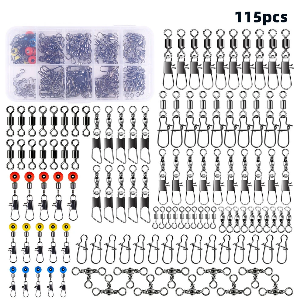 Anmuka 115pcs Fishing Connector Swivel Box Pack Pins Center Pass Swivels Sea Bean Bass Trout Fishing Accessories
