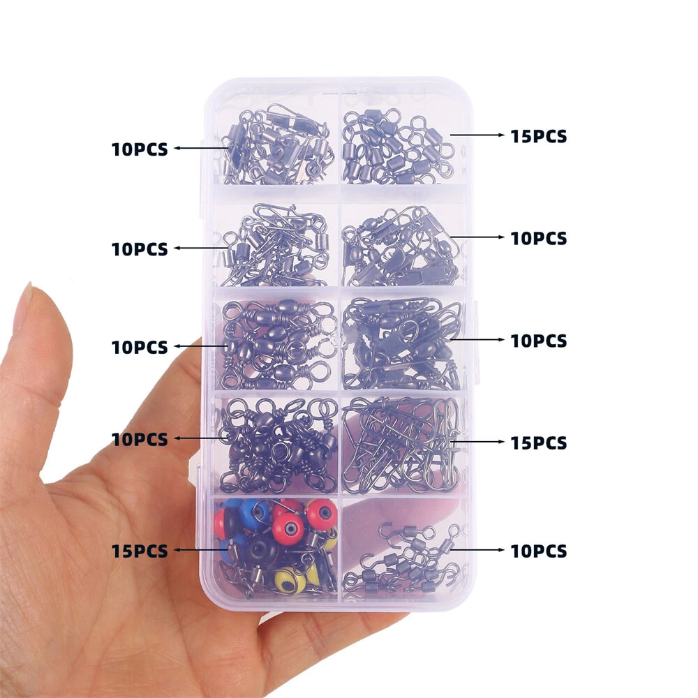 Anmuka 115pcs Fishing Connector Swivel Box Pack Pins Center Pass Swivels Sea Bean Bass Trout Fishing Accessories — view 3