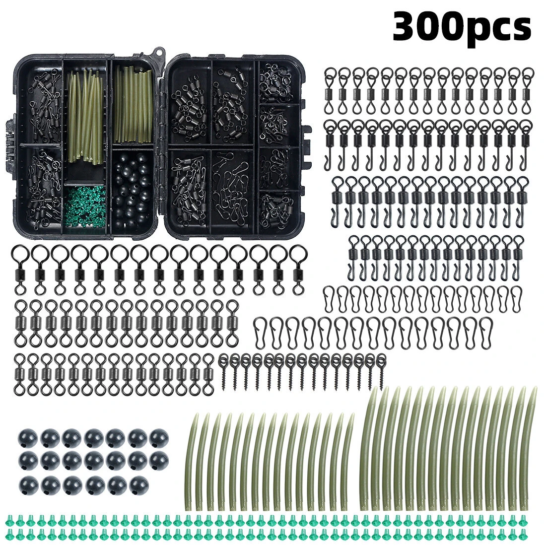 Anmuka 300pcs Carp Fishing Tackle Kit with Quick Change Rolling Swivels Speed Links Anti-winding Sleeves Hook Stops Beads Screws Rigs Fishing Accessories