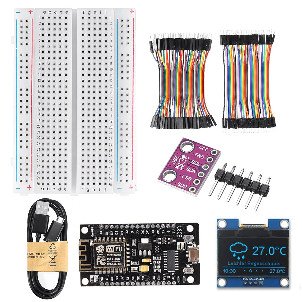 AOQDQDQD® WiFi Weather Station Kit 5V BMP280 Temperature Humidity Atmospheric Pressure Sensor + 0.96" OLED IIC LCD Display + Jumper Wire