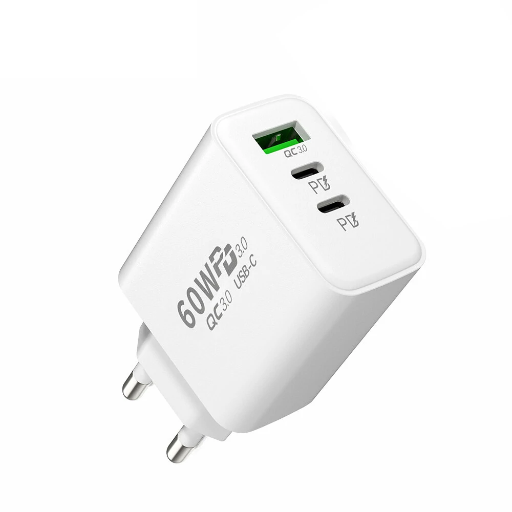 APD-60 60W 3-Port USB PD Charger Dual USB-C+USB-A PD QC3.0 Fast Charging Wall Charger Adapter EU Plug US Plug for iPhone 12 13 14 14Pro 14 Pro Max for Huawei Mate50 for Samsung Galaxy S23 for Redmi K60 — view 2