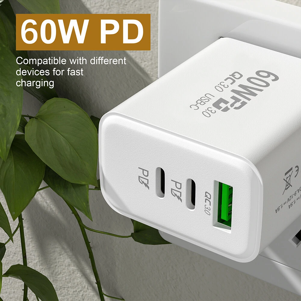 APD-60 60W 3-Port USB PD Charger Dual USB-C+USB-A PD QC3.0 Fast Charging Wall Charger Adapter EU Plug US Plug for iPhone 12 13 14 14Pro 14 Pro Max for Huawei Mate50 for Samsung Galaxy S23 for Redmi K60 — view 3