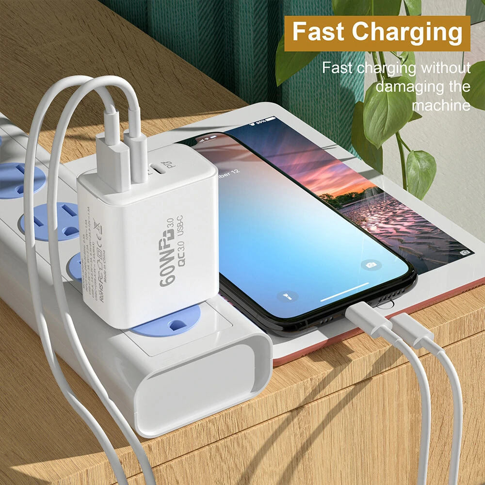 APD-60 60W 3-Port USB PD Charger Dual USB-C+USB-A PD QC3.0 Fast Charging Wall Charger Adapter EU Plug US Plug for iPhone 12 13 14 14Pro 14 Pro Max for Huawei Mate50 for Samsung Galaxy S23 for Redmi K60 — view 4