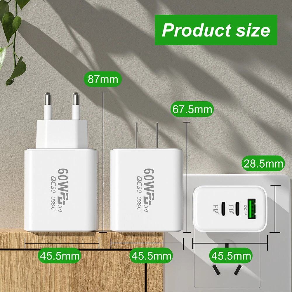 APD-60 60W 3-Port USB PD Charger Dual USB-C+USB-A PD QC3.0 Fast Charging Wall Charger Adapter EU Plug US Plug for iPhone 12 13 14 14Pro 14 Pro Max for Huawei Mate50 for Samsung Galaxy S23 for Redmi K60 — view 5