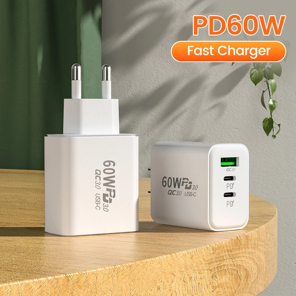 APD-60 60W 3-Port USB PD Charger Dual USB-C+USB-A PD QC3.0 Fast Charging Wall Charger Adapter EU Plug US Plug for iPhone 12 13 14 14Pro 14 Pro Max for Huawei Mate50 for Samsung Galaxy S23 for Redmi K60 — view 6