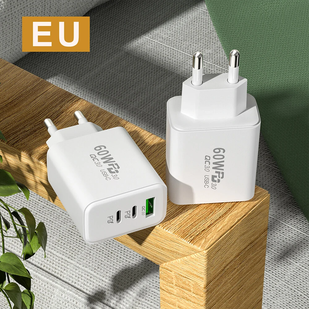 APD-60 60W 3-Port USB PD Charger Dual USB-C+USB-A PD QC3.0 Fast Charging Wall Charger Adapter EU Plug US Plug for iPhone 12 13 14 14Pro 14 Pro Max for Huawei Mate50 for Samsung Galaxy S23 for Redmi K60 — view 7