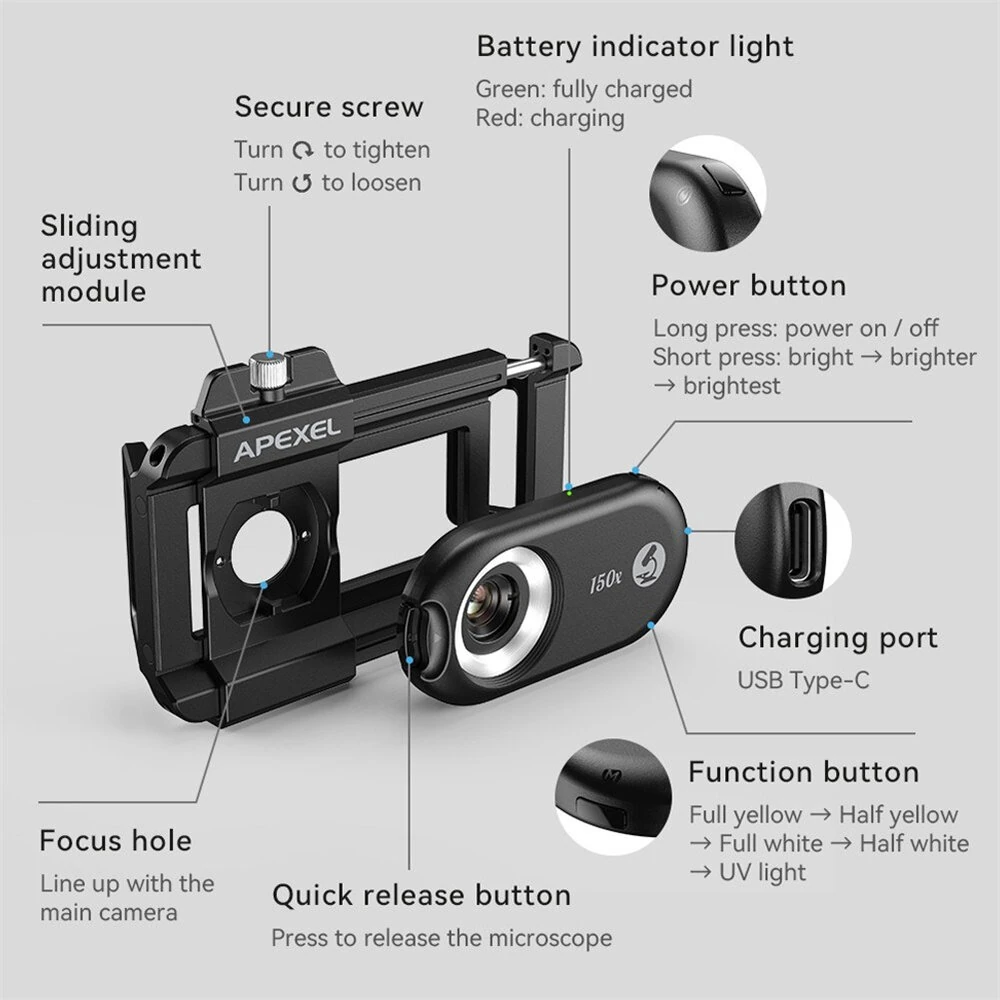APEXEL 3in1 100X/150X/200X Mobile Phone Microscope Lens Macro Magnifier Kits High Magnification CPL Polarized Lenses 12 LED Adjustable Modes  6 Ultraviolet Lights — view 10