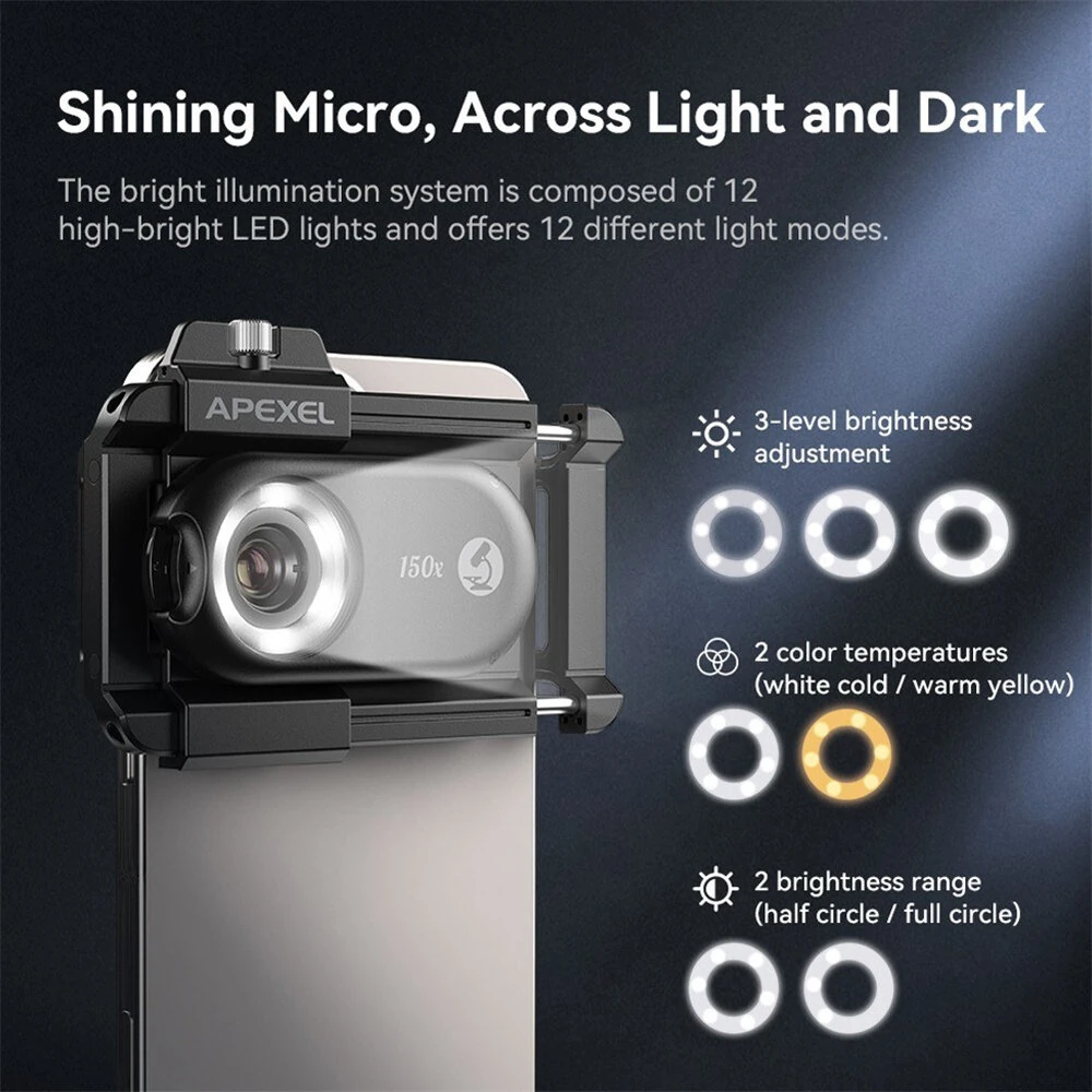 APEXEL 3in1 100X/150X/200X Mobile Phone Microscope Lens Macro Magnifier Kits High Magnification CPL Polarized Lenses 12 LED Adjustable Modes  6 Ultraviolet Lights — view 5