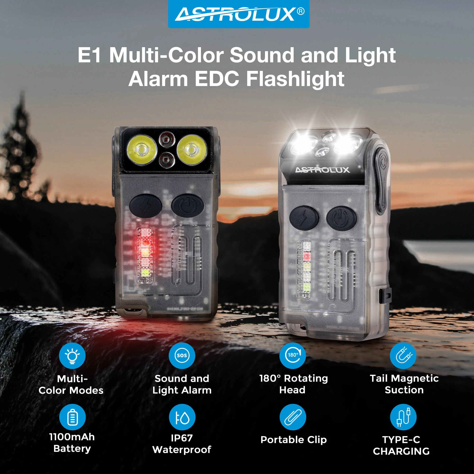 Astrolux® E1 1000 Lumens EDC Keychain Flashlight with Sound Alarm RGB Light 1100mAh 180° Rotation Mini Tactical LED Floodlight Type-C USB Fast Chargring IP67 Powerful Work Lamp for Outdoor Protection, Walking, Running, Hiking and Camping — view 7