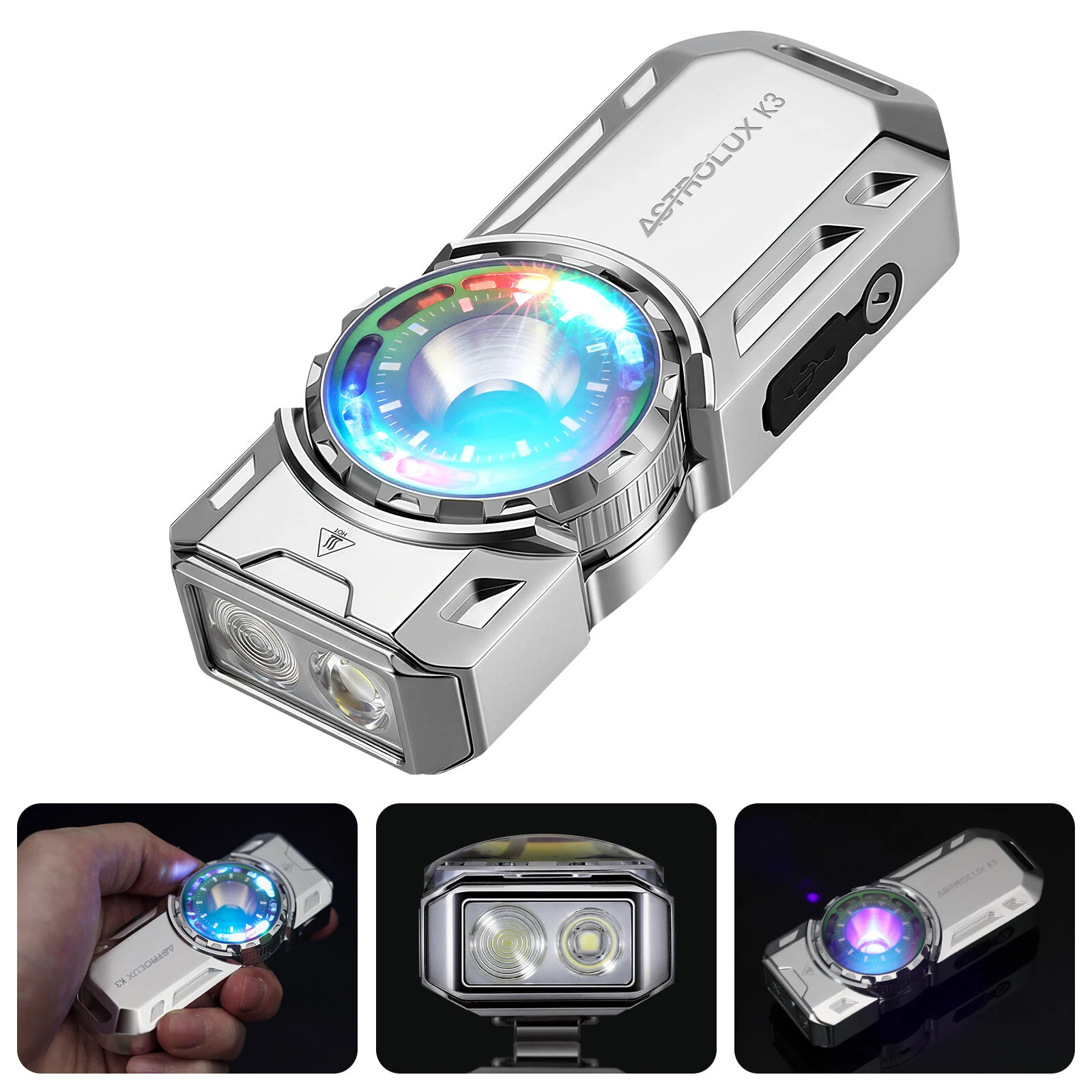 Astrolux® K3 1550LM EDC Flashlight Long Throw 209m Rotary Dial Control Throw Flood Combo LED Torch with RGB 18 LEDs, UV 395nm, 16300 Rechargeable, IPX6 — Astrolux