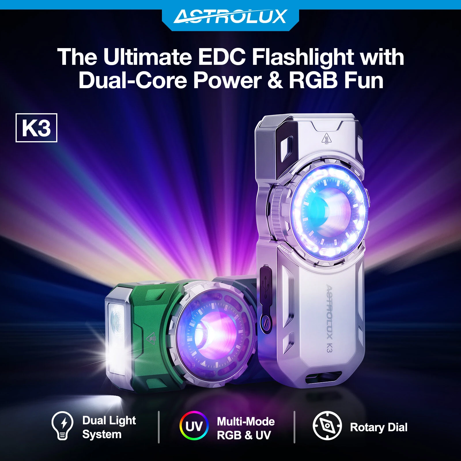 Astrolux® K3 1550LM EDC Flashlight Long Throw 209m Rotary Dial Control Throw Flood Combo LED Torch with RGB 18 LEDs, UV 395nm, 16300 Rechargeable, IPX6 — view 4