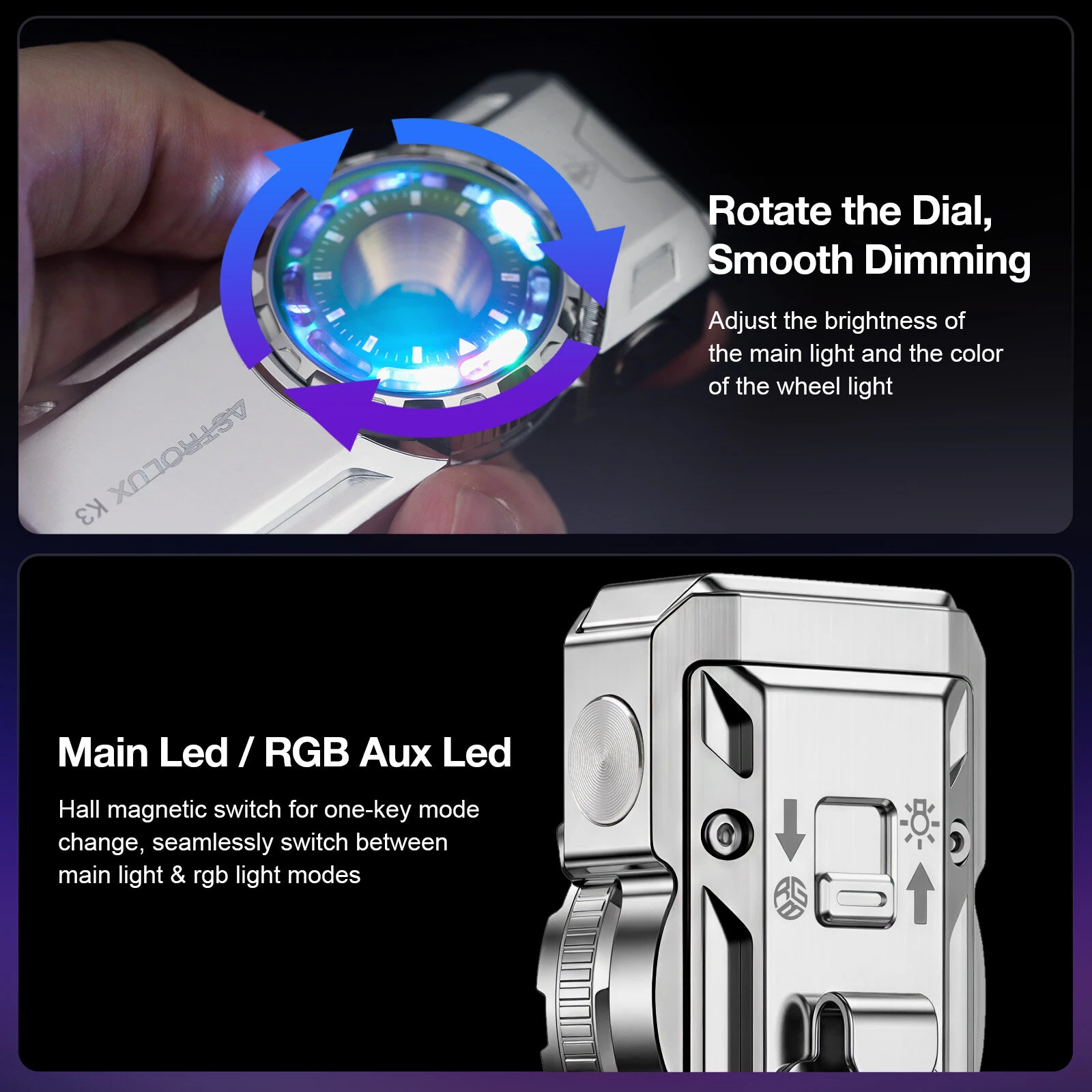 Astrolux® K3 1550LM EDC Flashlight Long Throw 209m Rotary Dial Control Throw Flood Combo LED Torch with RGB 18 LEDs, UV 395nm, 16300 Rechargeable, IPX6 — view 8
