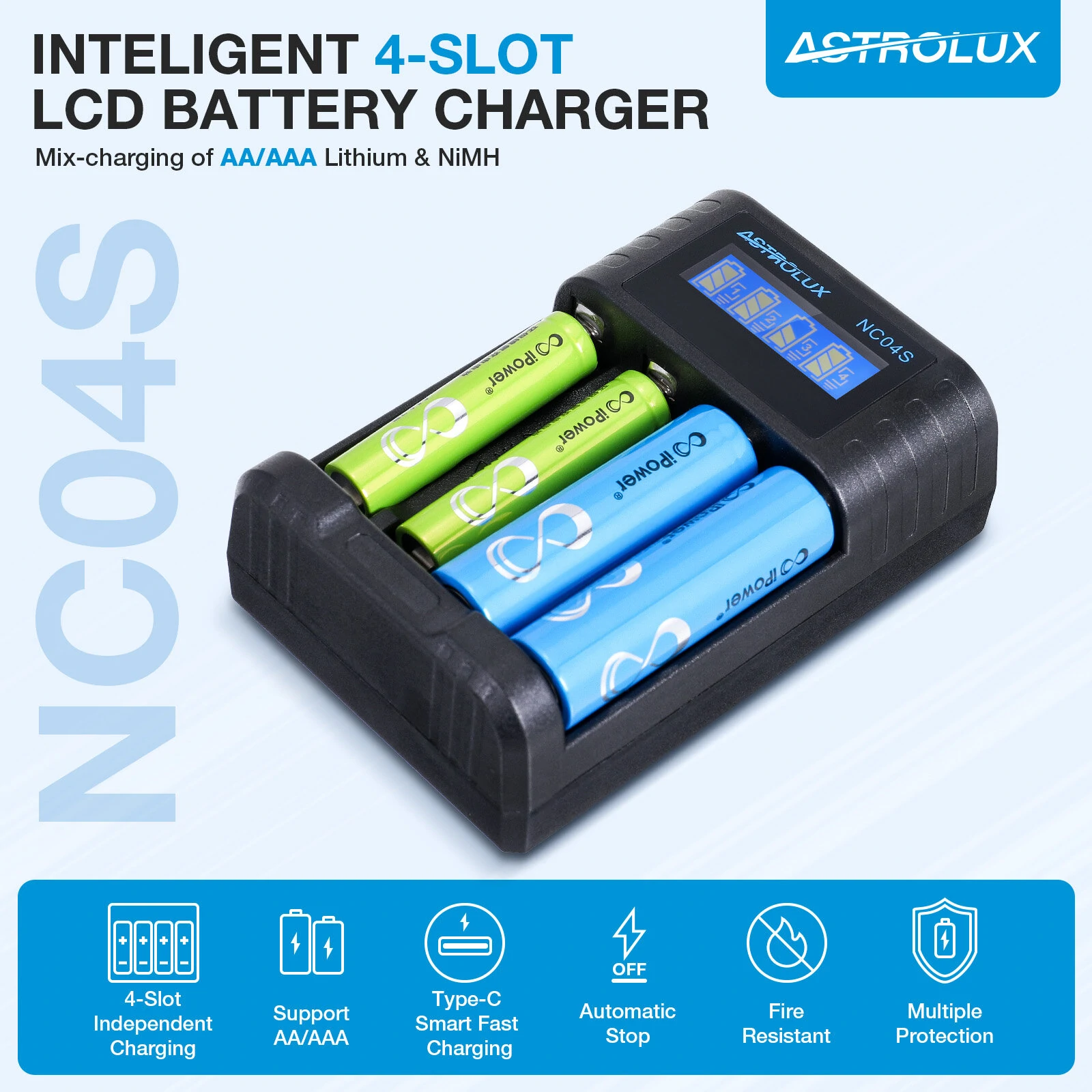 Astrolux® NC04S Inteligent 4-Slot LCD Battery Charger Mix-charging of AA/AAA Lithium & NiMH Btteries For Cells Flashlight RC Toys Home Tools — view 5