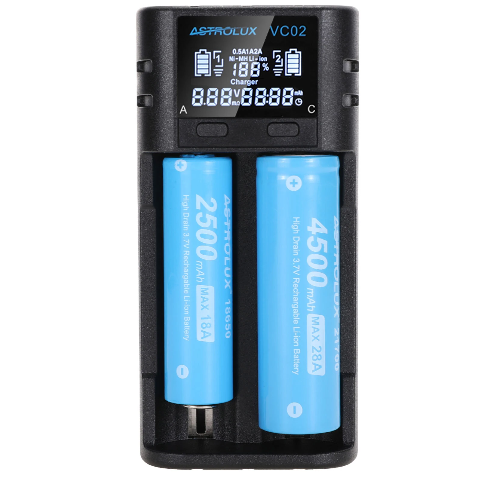 Astrolux® VC02 Intelligent 2-Slot LCD Battery Charger Type-C 2A Quick Charge Mix-charging of 1.2V Ni-MH/Ni-CD AA/ AAA/ AAAA 3.6V/ 3.7V Li-ion/ IMR/ INR/ ICR 14500/ 18650/ 21700/26650 Battery For Cells Flashlight RC Toys Home Tools — Astrolux