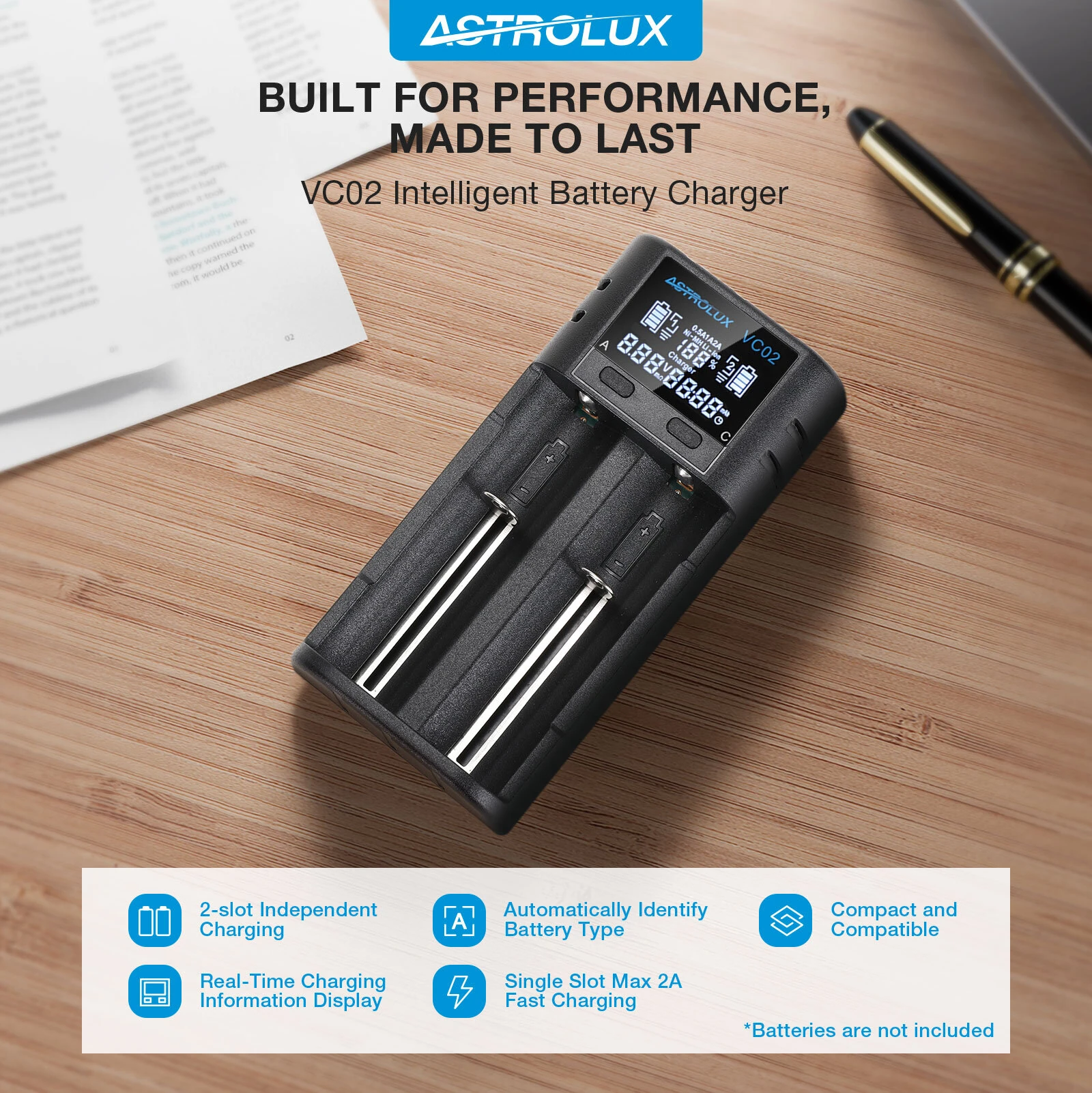 Astrolux® VC02 Intelligent 2-Slot LCD Battery Charger Type-C 2A Quick Charge Mix-charging of 1.2V Ni-MH/Ni-CD AA/ AAA/ AAAA 3.6V/ 3.7V Li-ion/ IMR/ INR/ ICR 14500/ 18650/ 21700/26650 Battery For Cells Flashlight RC Toys Home Tools — view 3