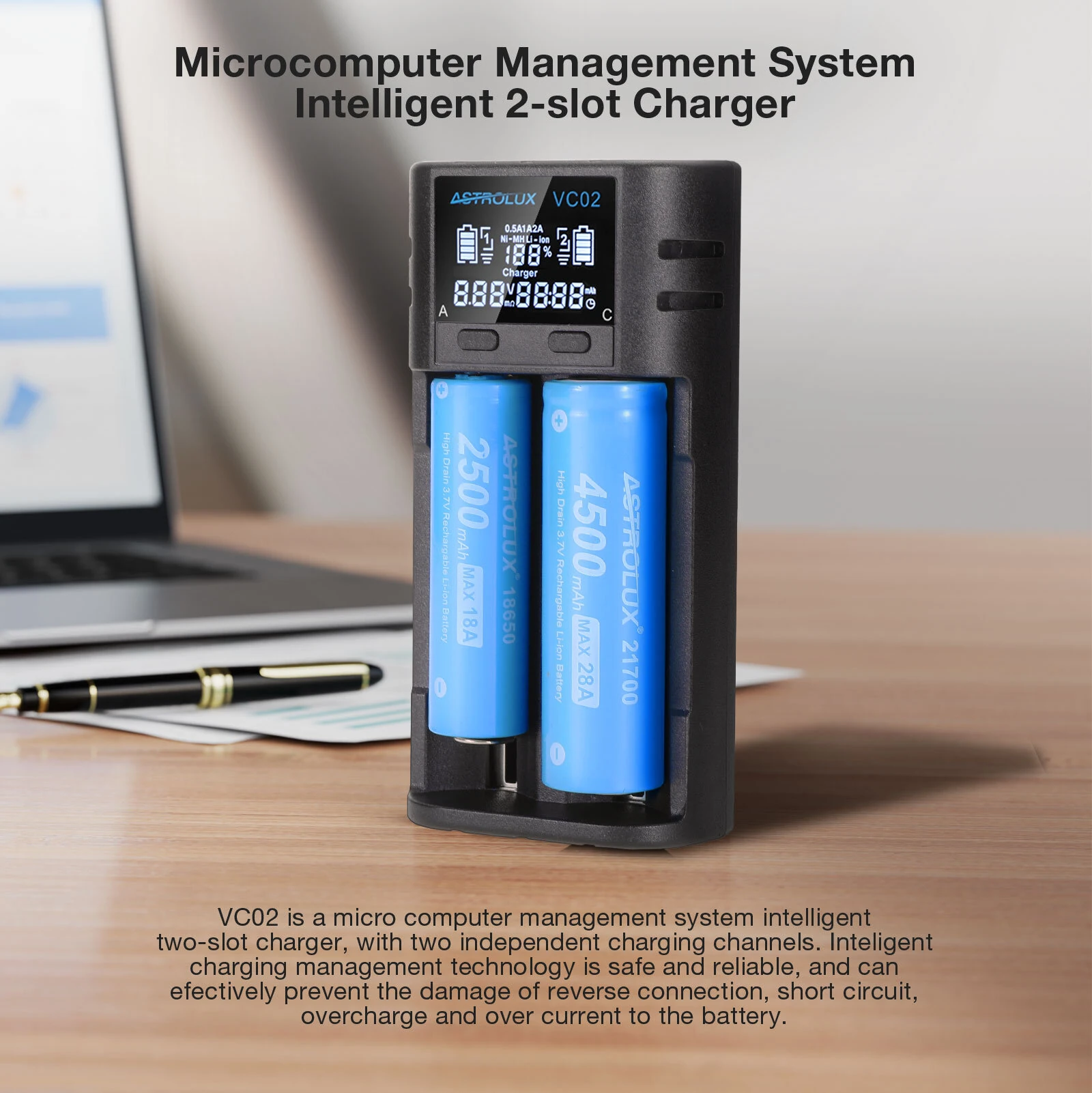 Astrolux® VC02 Intelligent 2-Slot LCD Battery Charger Type-C 2A Quick Charge Mix-charging of 1.2V Ni-MH/Ni-CD AA/ AAA/ AAAA 3.6V/ 3.7V Li-ion/ IMR/ INR/ ICR 14500/ 18650/ 21700/26650 Battery For Cells Flashlight RC Toys Home Tools — view 5