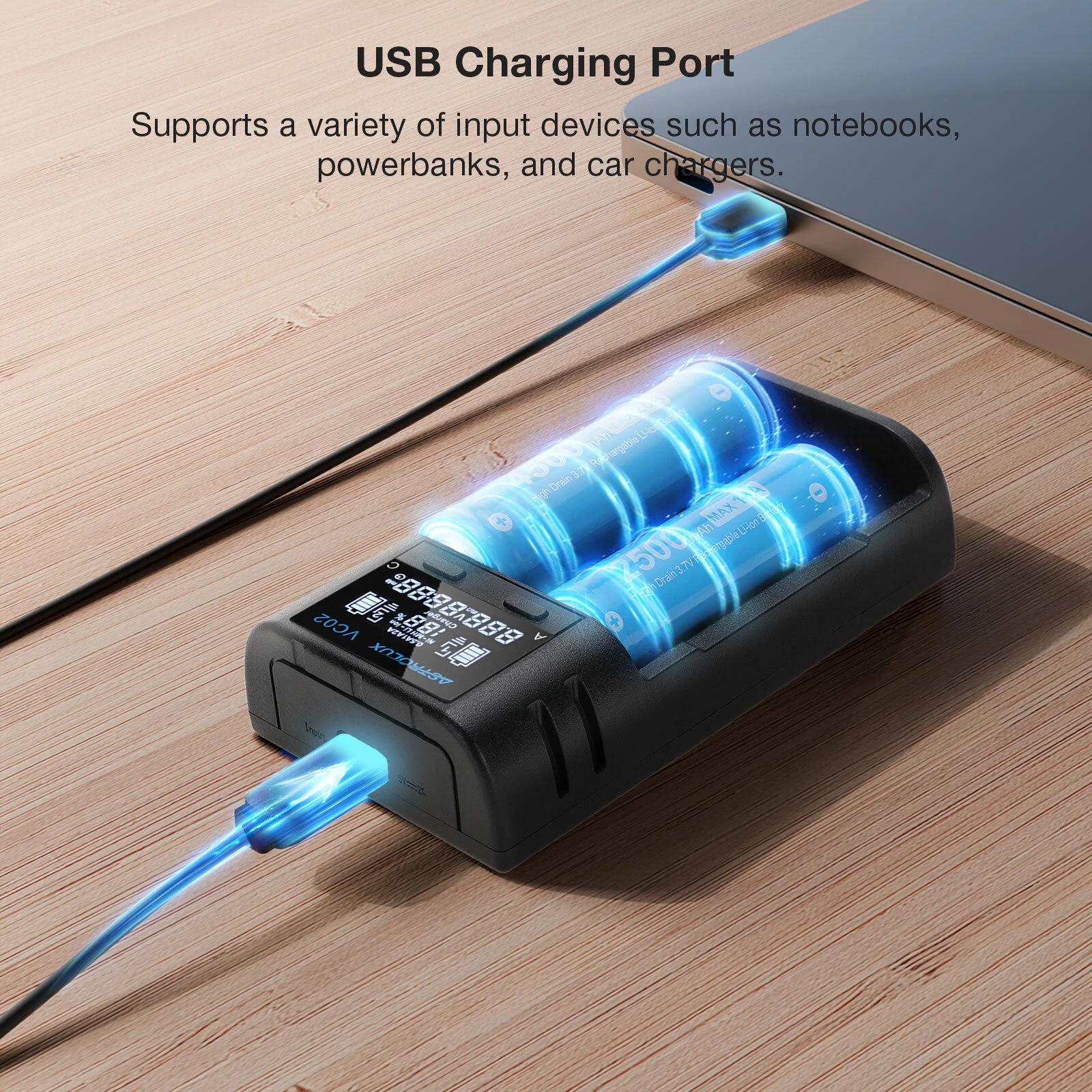 Astrolux® VC02 Intelligent 2-Slot LCD Battery Charger Type-C 2A Quick Charge Mix-charging of 1.2V Ni-MH/Ni-CD AA/ AAA/ AAAA 3.6V/ 3.7V Li-ion/ IMR/ INR/ ICR 14500/ 18650/ 21700/26650 Battery For Cells Flashlight RC Toys Home Tools — view 8