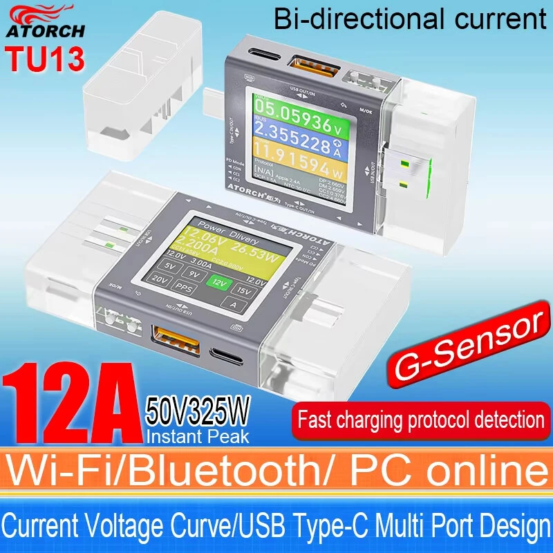 ATORCH TU13 USB Tester Type-C PD3.0 Fast Charging Protocol Voltmeter 50V 12A Real-Time Power Monitor IPS Display Wide Compatibility — view 4