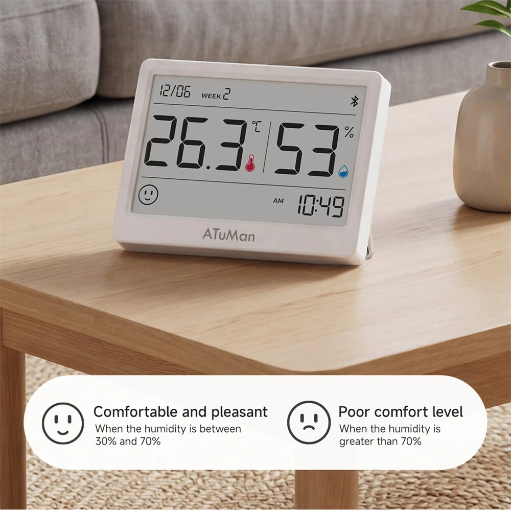 AtuMan TH2 Humidity Thermometer Bluetooth Clock Ink Screen Small Size 0°C-60°C 30-second rapid refresh Accurate Readings Energy Efficient E Ink Display Temperature Humidity Monitor — view 3